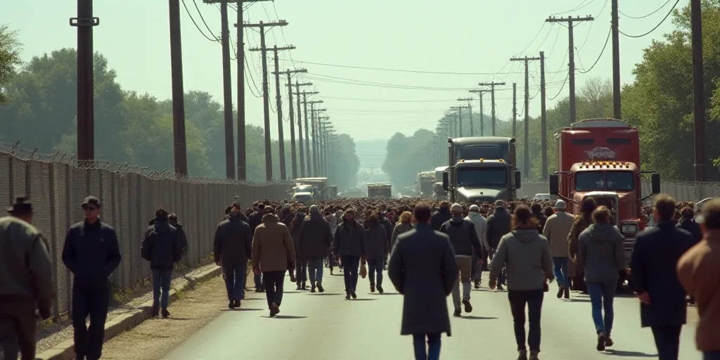 a large group of people walking down a street next to trucks and trucks on the road and a fence, Cha