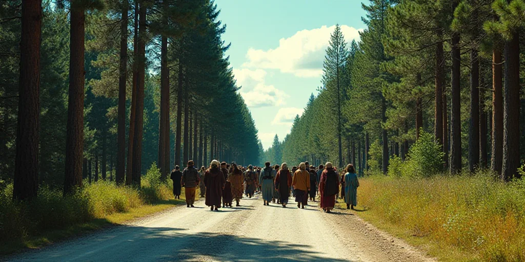 a large group of people walking down a road in the woods, with trees in the background and a blue sk