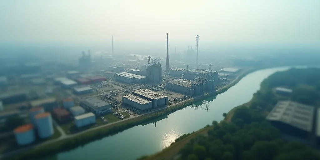 a large industrial area with a lot of water and buildings in the background and a river running thro