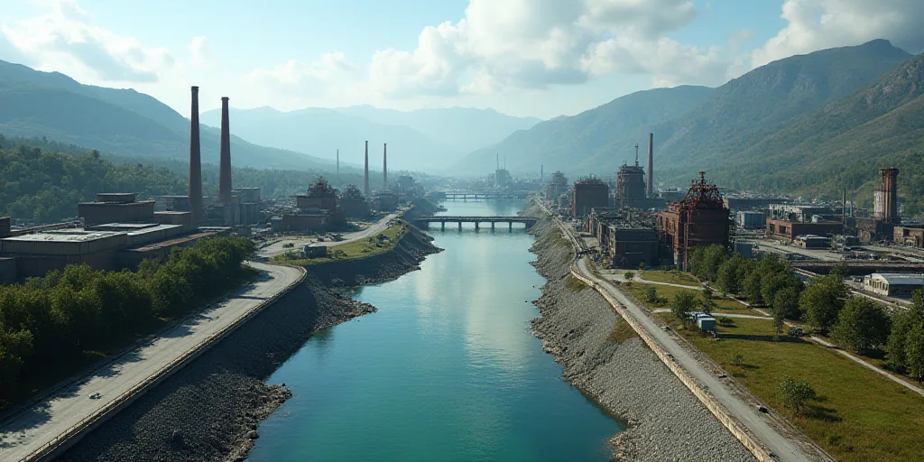 a large industrial area with a lot of machinery and mountains in the background, with a river runnin