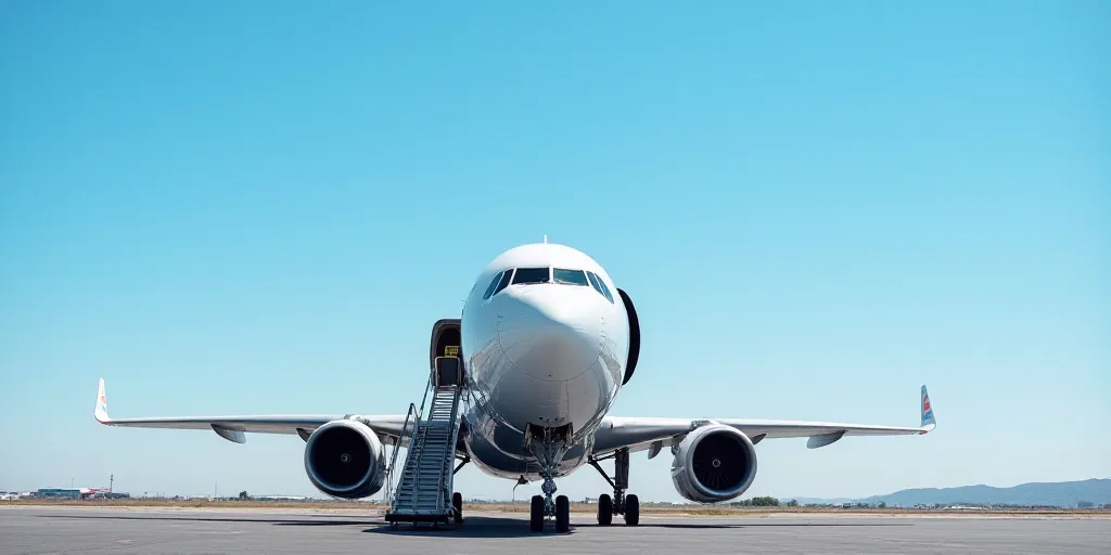 a large jetliner sitting on top of an airport tarmac with a ladder leading up to it's door, Ei-Q, bl