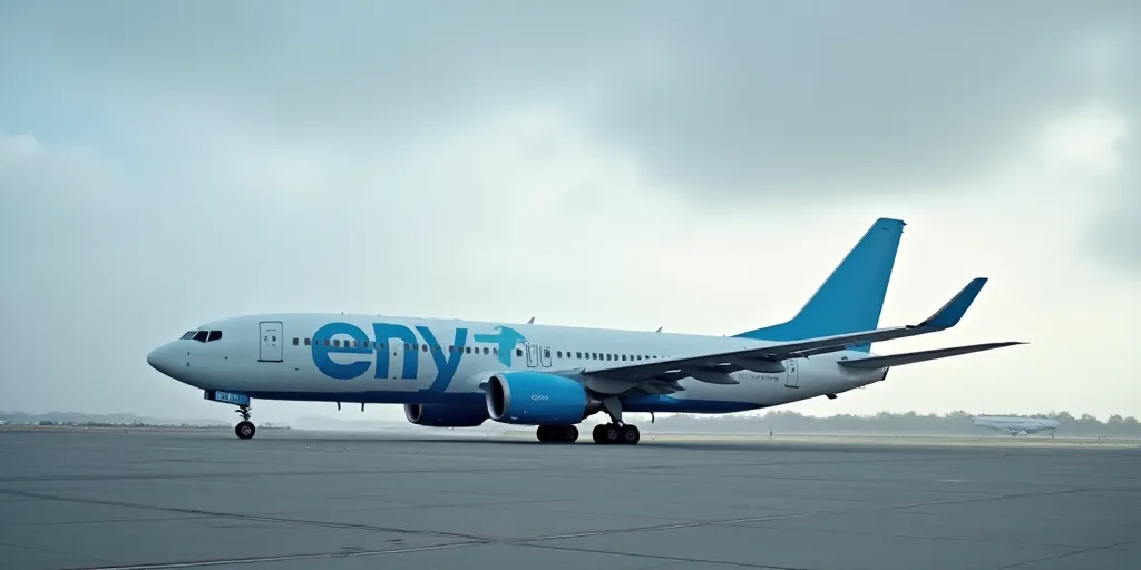 a large jetliner sitting on top of an airport tarmac under a cloudy sky with a blue tail, Ei-Q, turn