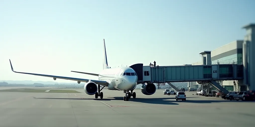 a large jetliner sitting on top of an airport tarmac next to a terminal building with a jetway, Estu