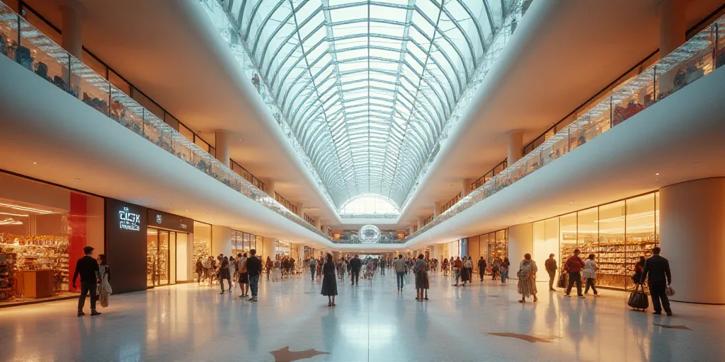 a large mall with a lot of people walking around it and a ceiling with a glass dome above it, Beeple