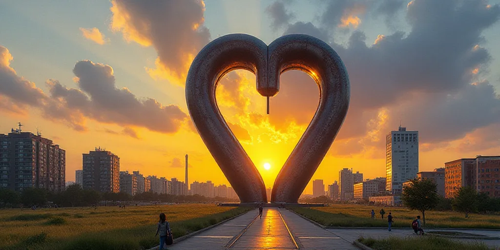 a large metal structure with a sun setting behind it and a sky background with buildings in the back