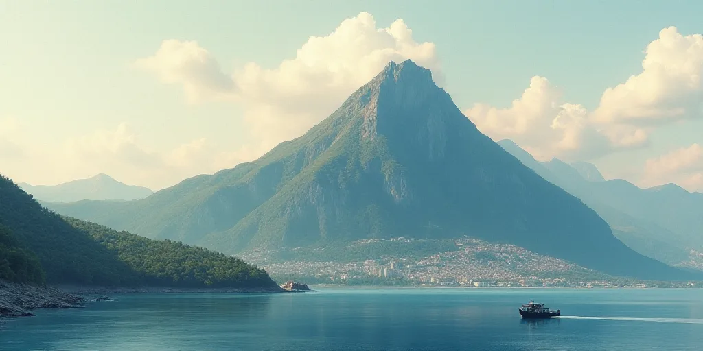 a large mountain with a city below it and a body of water below it with a boat in the foreground, Ce