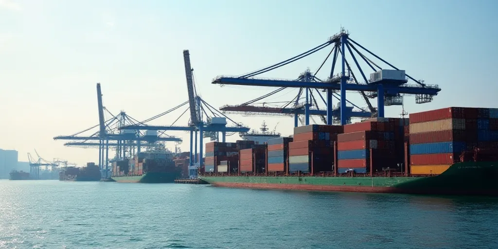 a large number of containers in a harbor with cranes in the background and a body of water in the fo