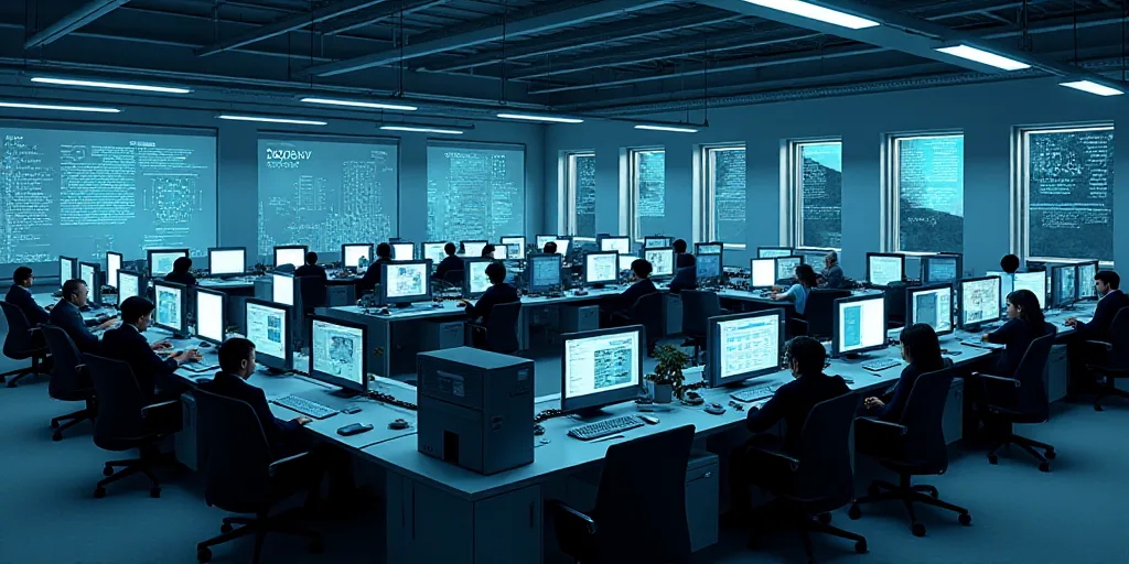 a large office with a lot of monitors and people working on computers in it's center area,, Enguerra