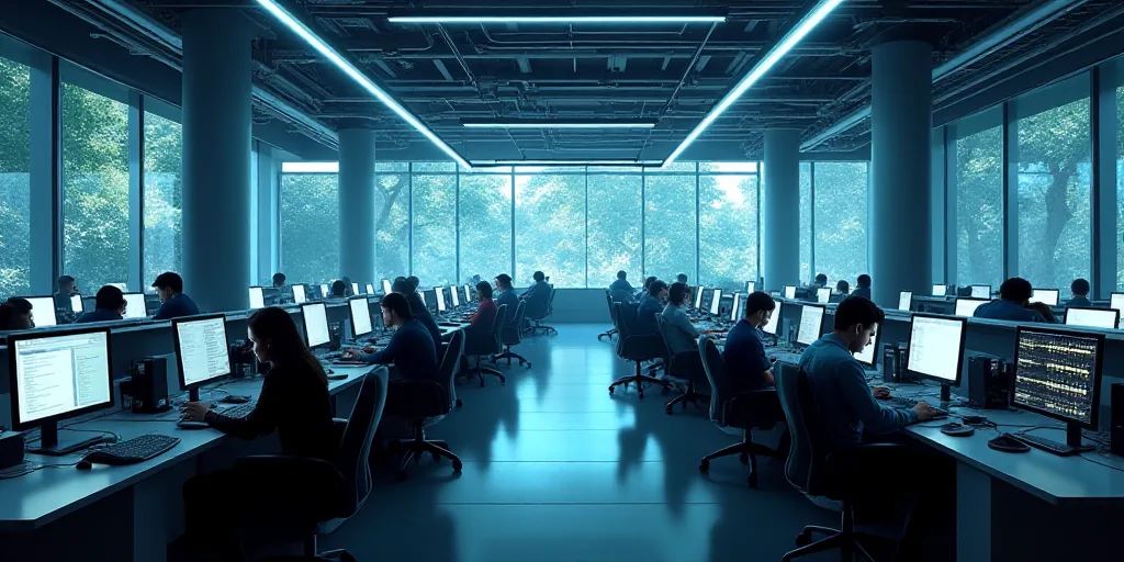 a large office with a lot of monitors and people working on computers in it's center area,, Enguerra