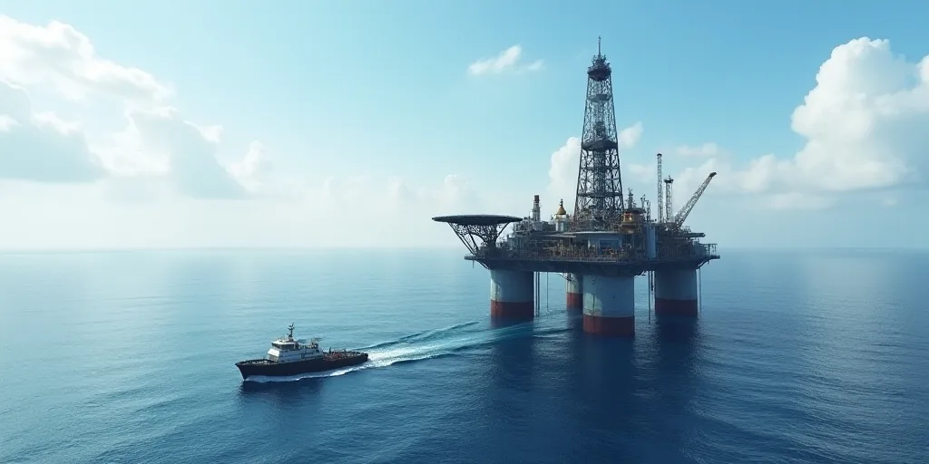 a large oil rig in the middle of the ocean with a boat in the water nearby it and a barge in the mid