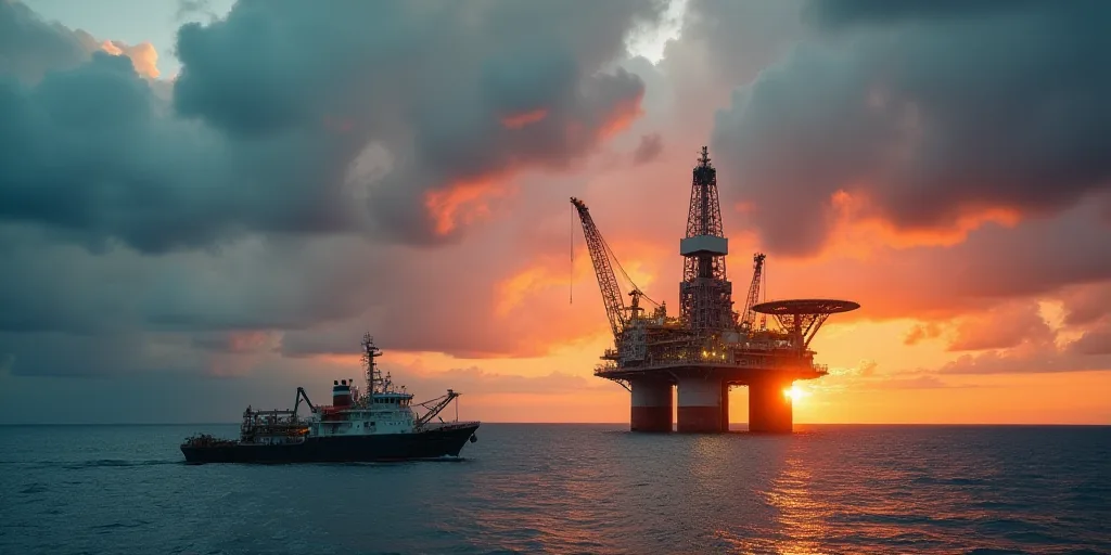 a large oil rig sitting on top of a large body of water under a cloudy sky at sunset with a boat in