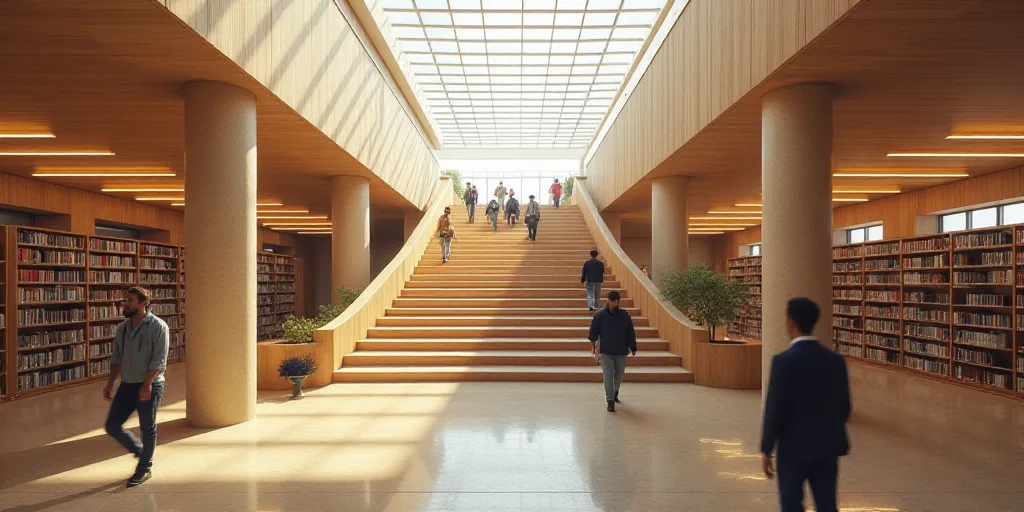 a large open air library with a lot of people walking around it and a staircase leading up to the se