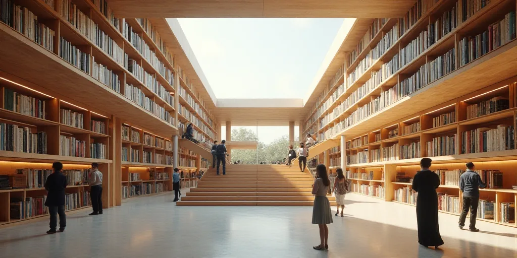 a large open air library with a lot of people walking around it and a staircase leading up to the se