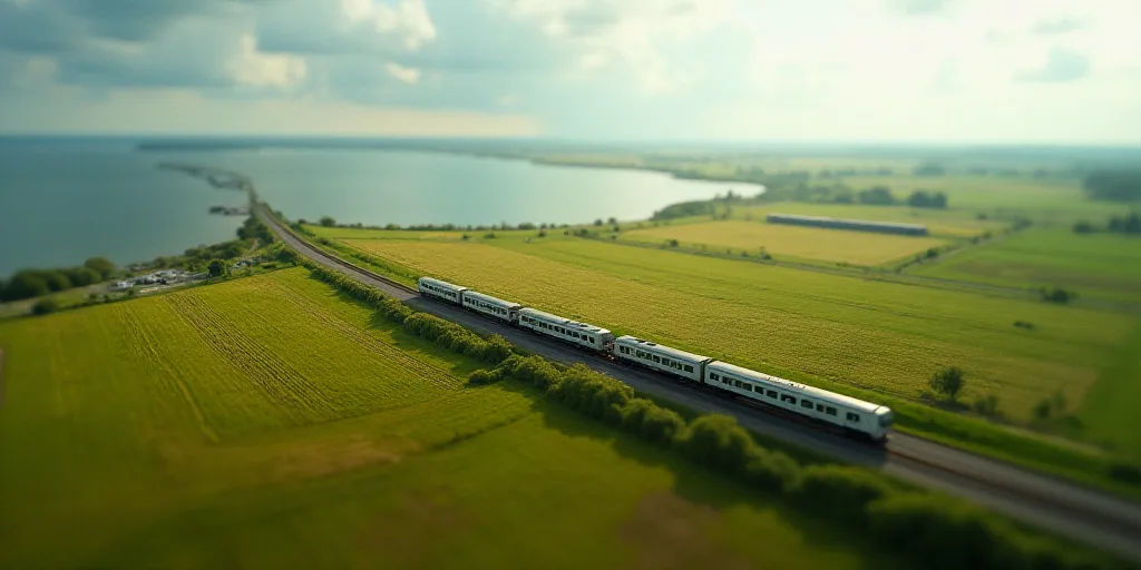 a large open field with a road and a body of water in the background and a train on the road, Christ