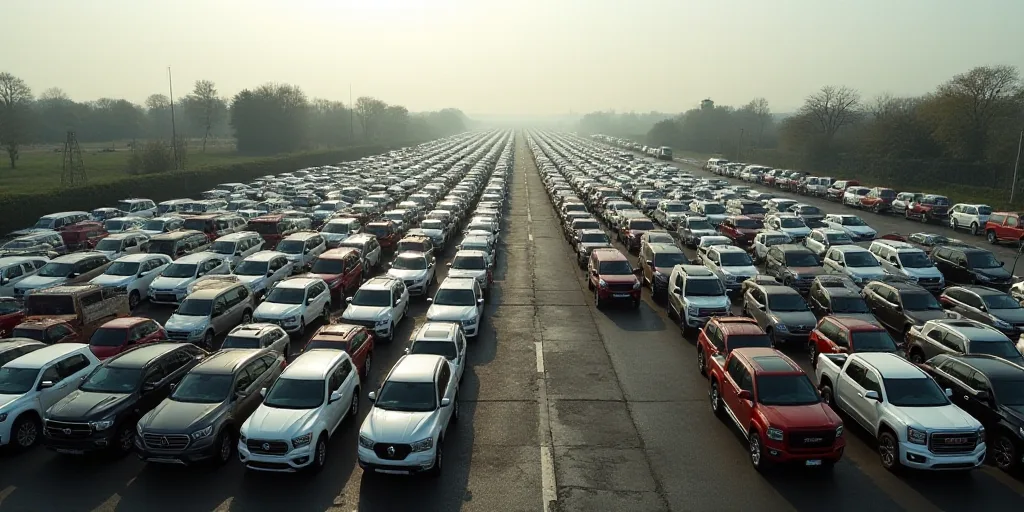 a large parking lot filled with lots of cars and trucks parked next to each other in rows of rows, C