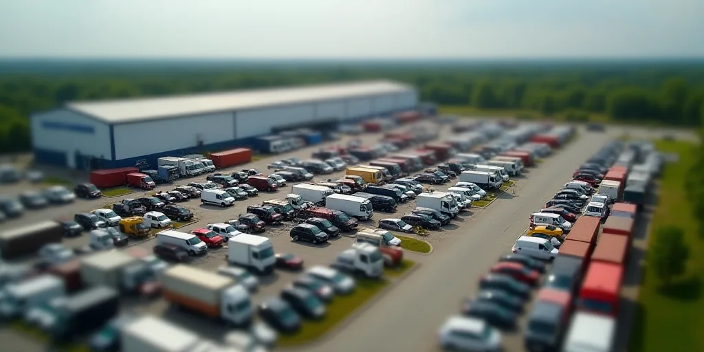 a large parking lot filled with lots of cars and trucks next to a factory building with a large amou