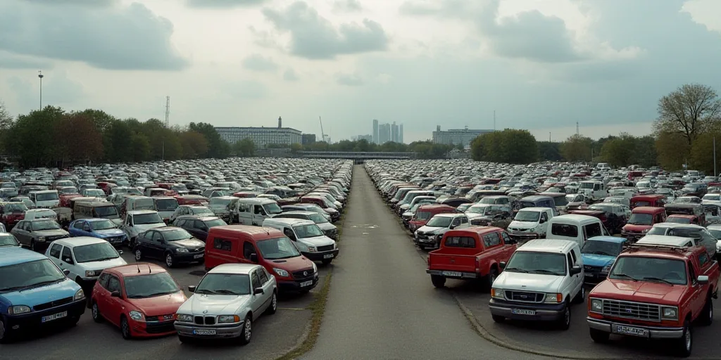 a large parking lot filled with lots of cars and trucks parked next to each other in rows of rows, C