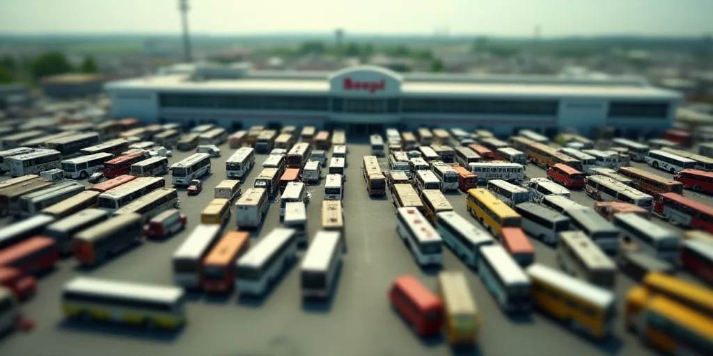 a large parking lot filled with lots of buses and trucks parked next to each other in front of a bui