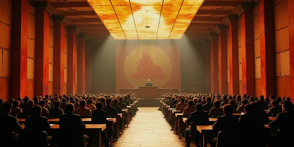 a large room filled with people sitting at desks and a speaker standing at the front of the room, Da