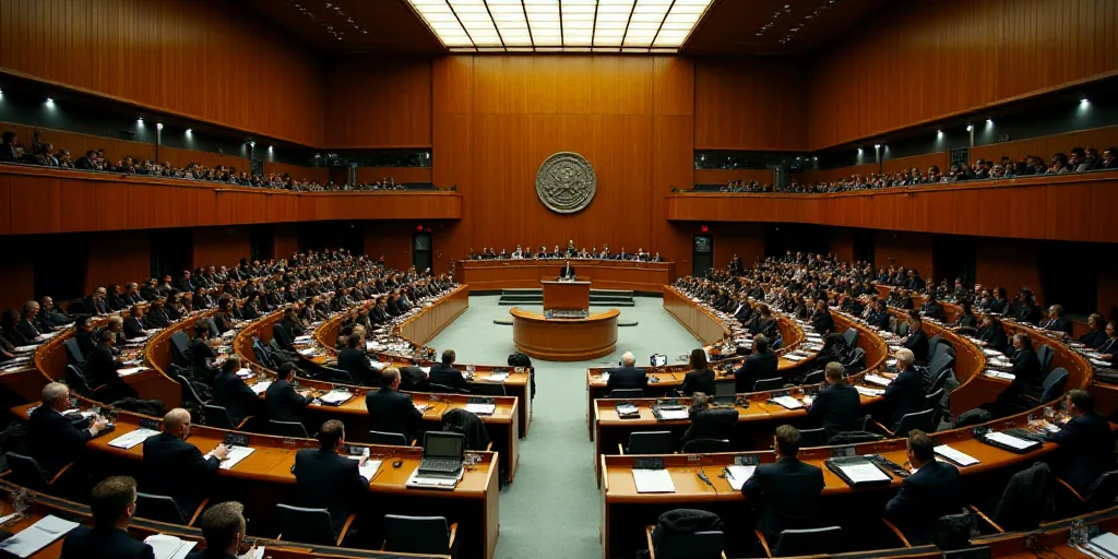 a large room filled with people sitting at desks and a speaker in the center of the room with a podi