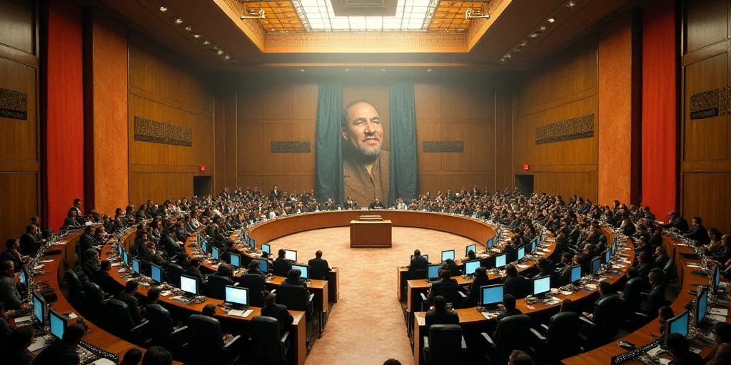 a large room filled with people and computers in it's center area, with a podium in the middle, Davi