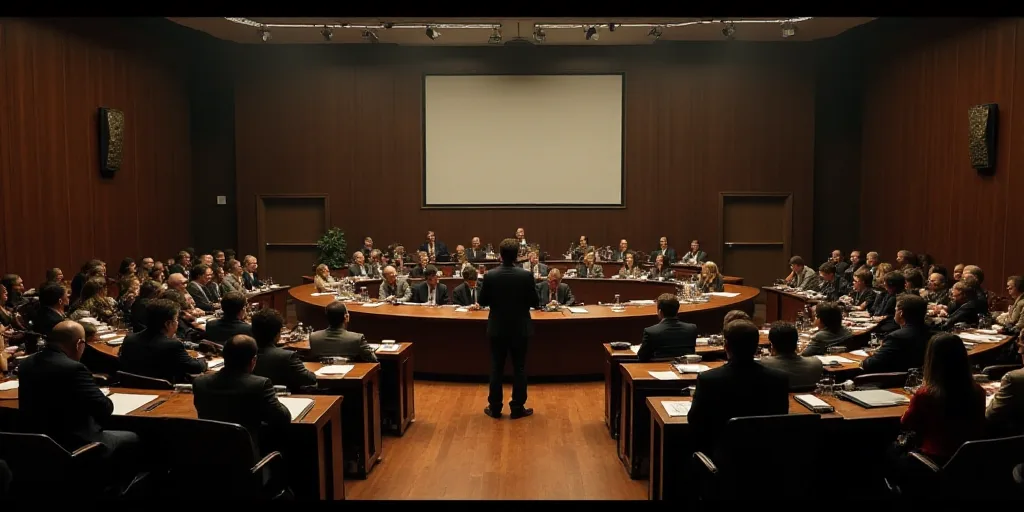 a large room filled with people sitting at desks and a speaker standing at the front of the room, Ed