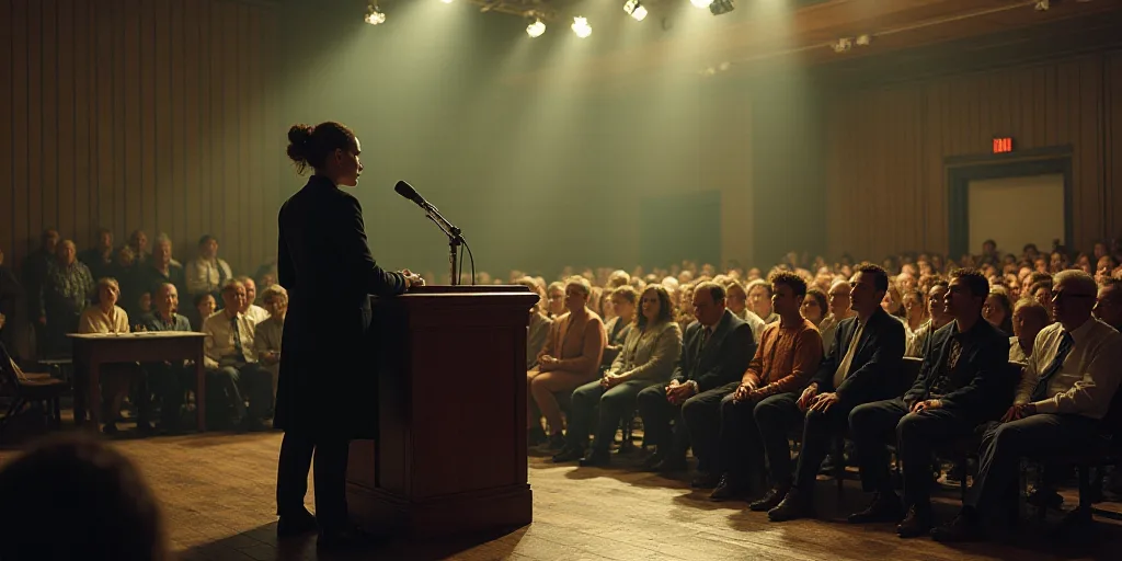 a large room full of people sitting in chairs and standing in front of a podium with a microphone in
