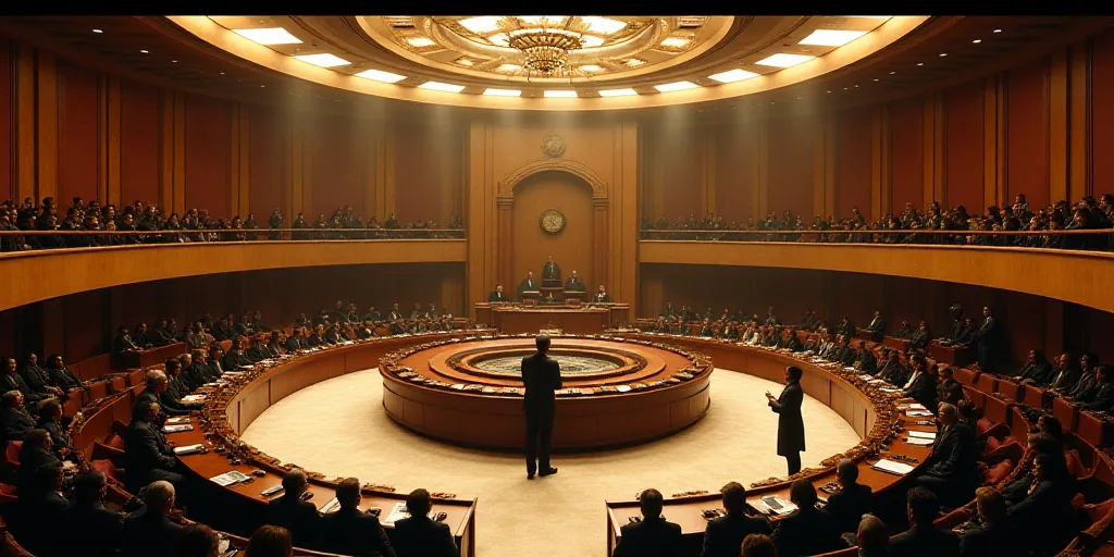 a large room with a circular table and chairs in it with people sitting around it and a speaker stan