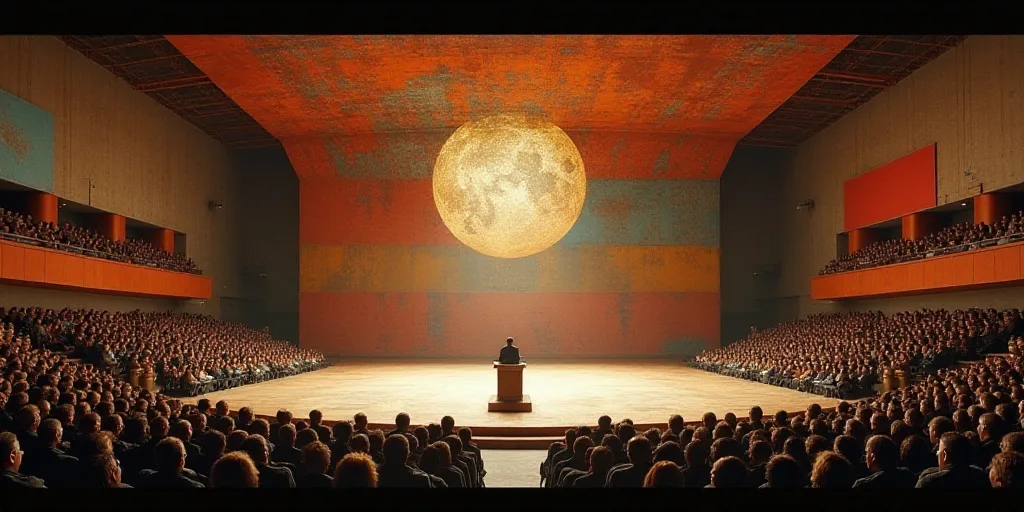 a large room with a large ceiling and a stage with a speaker on it and people standing around it, Da