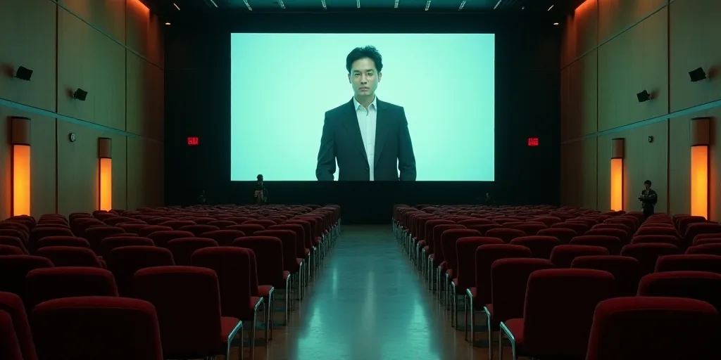 a large room with a lot of chairs and a big screen on the wall above it that is displaying a man on