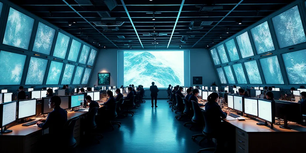 a large room with a lot of monitors and people working on it in it's center area with a lot of desks