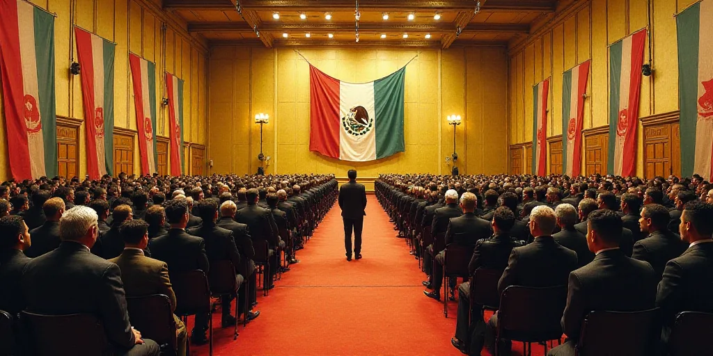 a large room with a lot of people in it and a flag on the wall behind it and a lot of banners on the