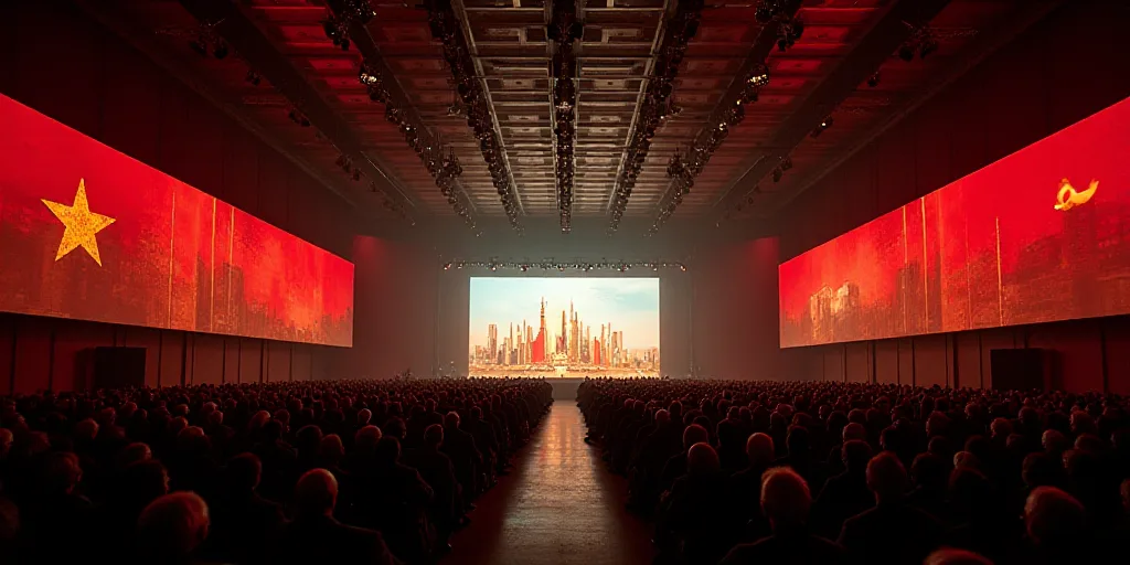 a large room with a lot of people in it and a big screen with flags on it and a ceiling with lights,