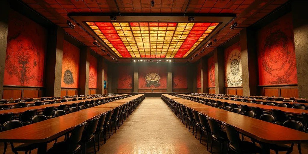 a large room with a lot of tables and chairs in it and a big ceiling with lights above it, David Alf
