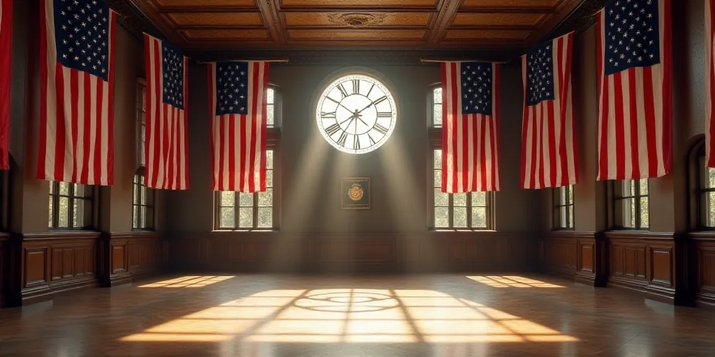a large room with american flags hanging from the ceiling and a clock on the wall in the center of t