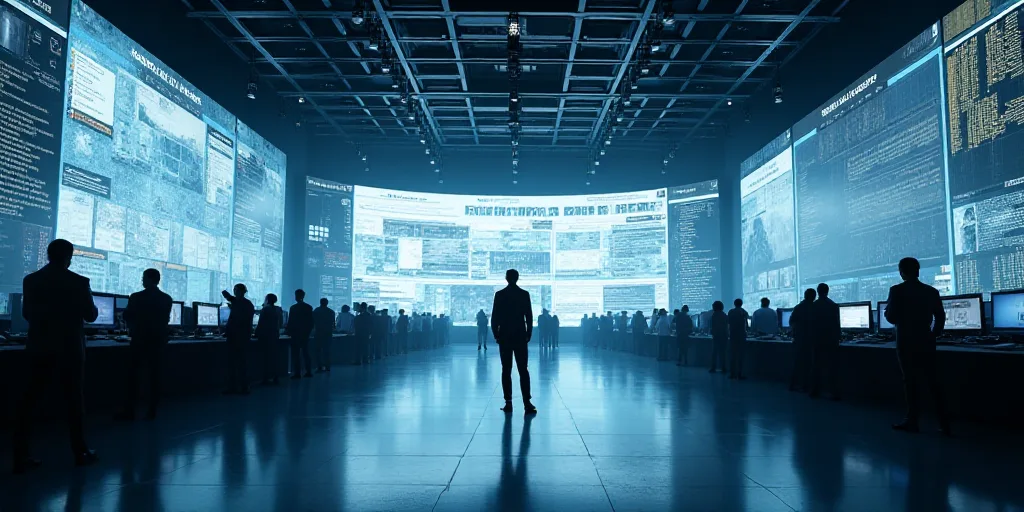a large room with many monitors and people walking around it and a man standing in the middle of the