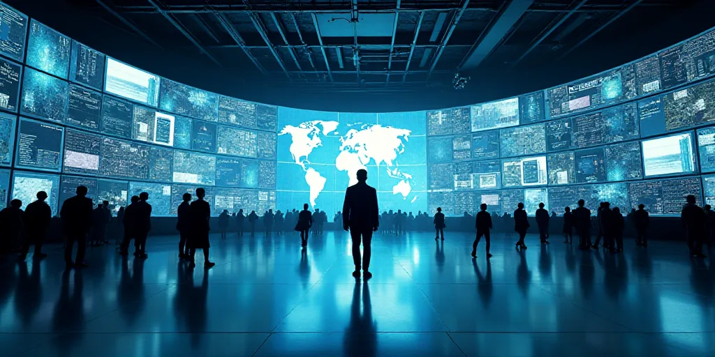 a large room with many monitors and people walking around it and a man standing in the middle of the