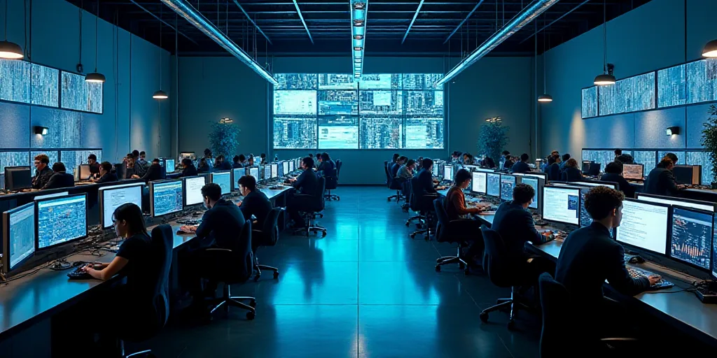 a large room with multiple monitors and tables in it's center area, with people working at tables, E