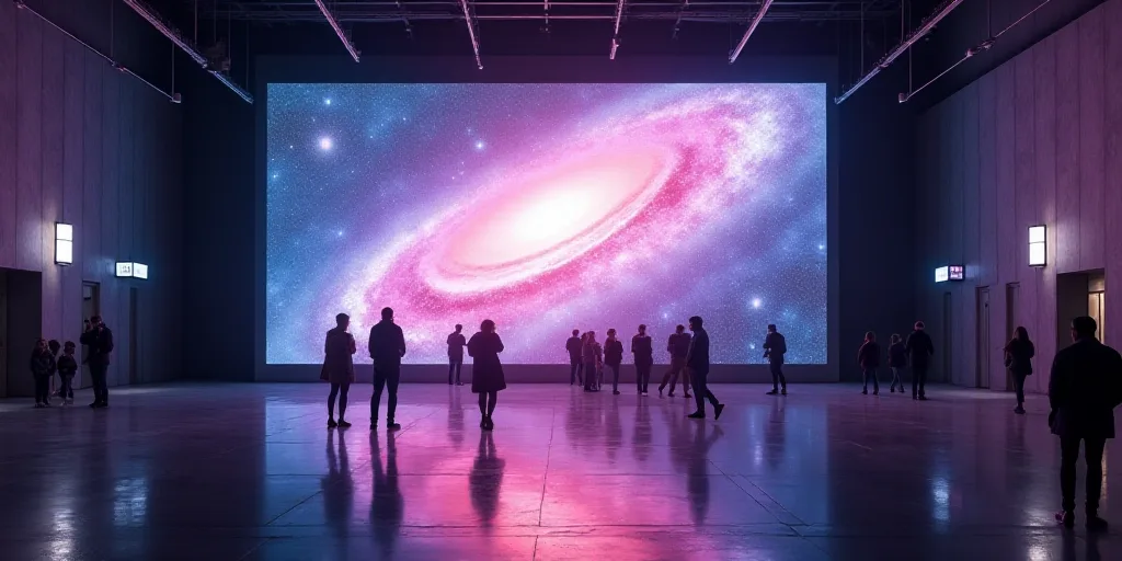 a large screen in a building with people walking around it and a large screen above it that says gal