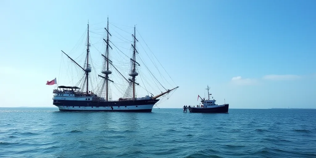 a large ship and a smaller boat in the water near each other in the ocean with a blue sky, Elizabeth