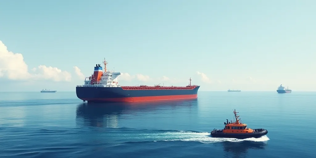 a large ship in the middle of the ocean with other ships in the background in the water, with a tug