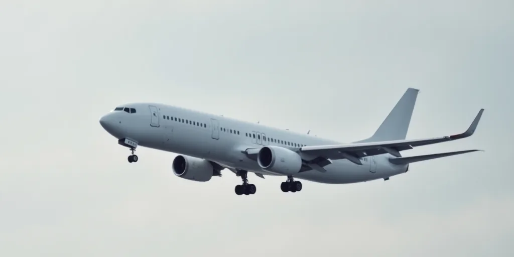 a large white airplane flying through a gray sky with its landing gear down and the tail end of the