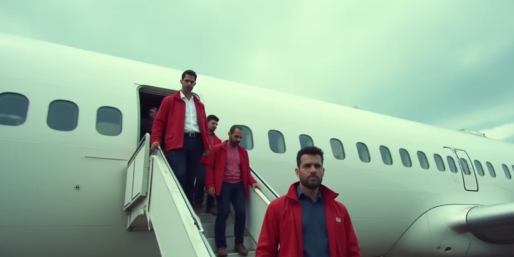 a large white airplane with people boarding it on the stairs and a man in a red jacket is standing o