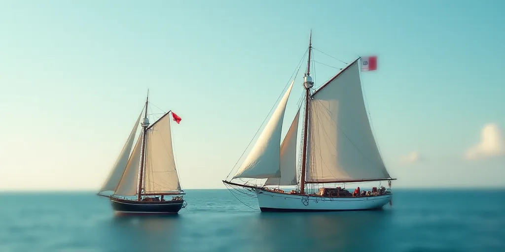 a large white boat floating next to a smaller boat in the ocean with flags on it's sails, Adriaen Is