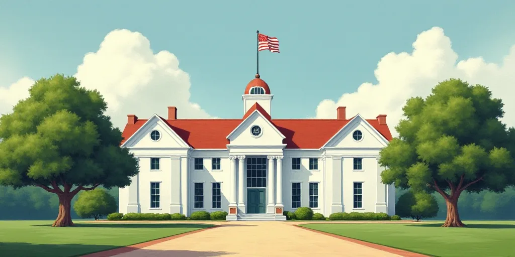 a large white building with a flag on top of it's roof and trees in front of it, Brenda Chamberlain,