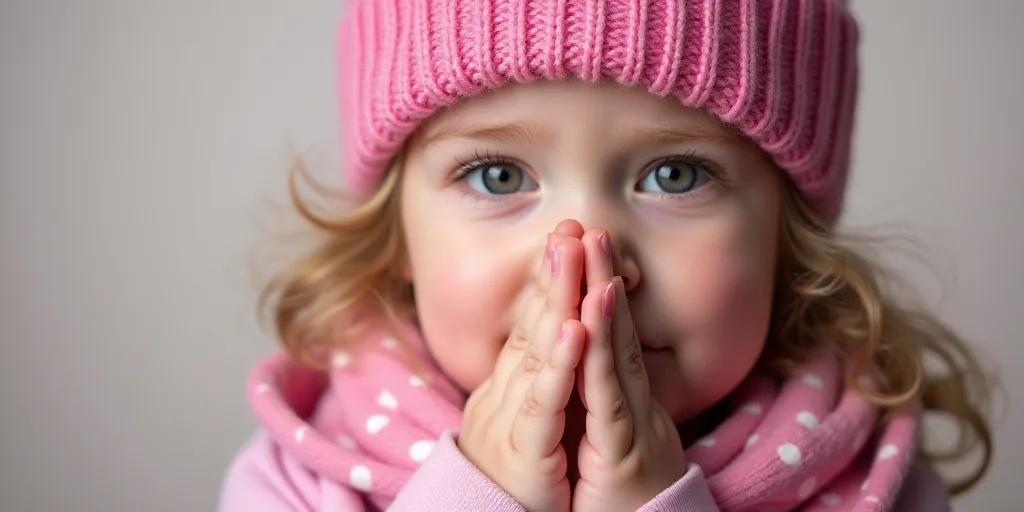 a little girl is blowing her nose while wearing a pink hat and scarf with polka dots on it,, Anne Ri