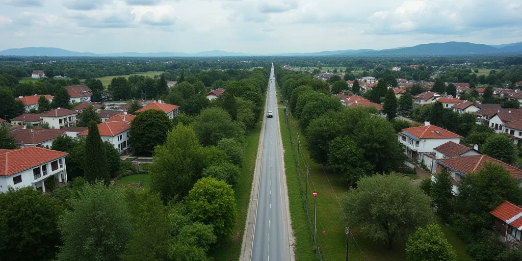a long road in a small town with a lot of houses and trees on the side of it and a few buildings on