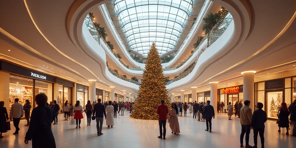 a mall filled with lots of people and christmas decorations on the ceiling and a giant christmas tre