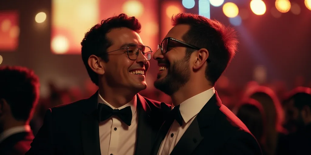 a man and a boy are laughing together at a event together, one of them is wearing glasses and the ot