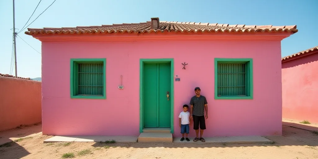 a man and a child standing in front of a house with a pink wall and green windows and a pink roof, E